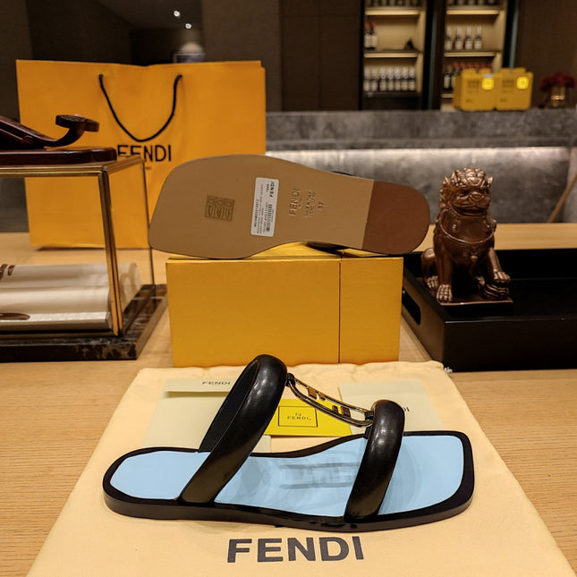 FENDI O'LOCK SLIDES BLACK AND LIGHT BLUE CALFSKIN WITH GOLD HARDWARE