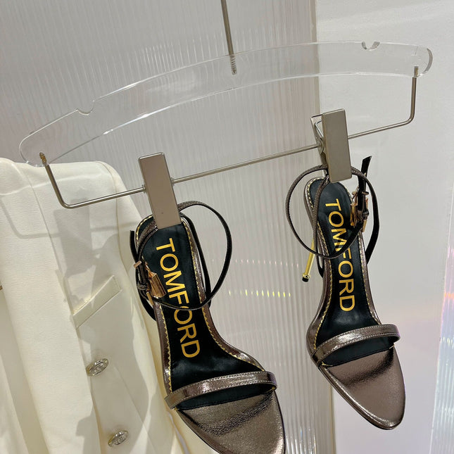 PADLOCK HIGH HEEL 10 CM SANDAL IN COFFEE BROWN SHEEPSKIN