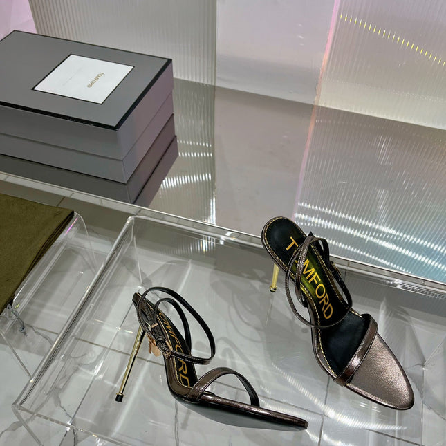 PADLOCK HIGH HEEL 10 CM SANDAL IN COFFEE BROWN SHEEPSKIN