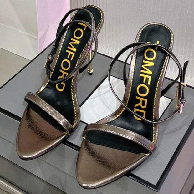 PADLOCK HIGH HEEL 10 CM SANDAL IN COFFEE BROWN SHEEPSKIN