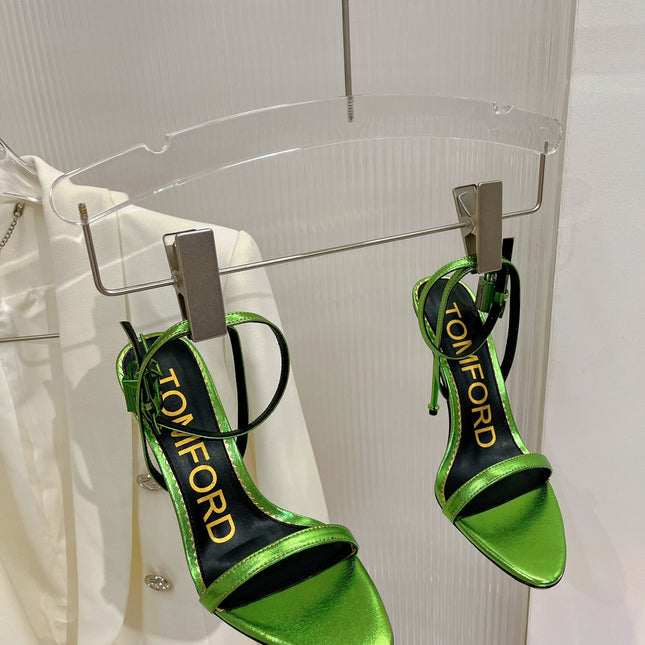 PADLOCK HIGH HEEL 10 CM SANDAL IN LIME GREEN SHEEPSKIN