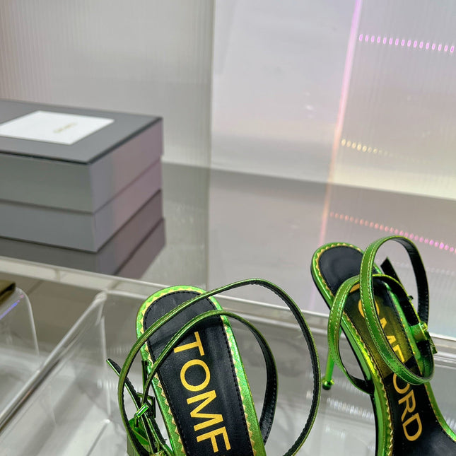 PADLOCK HIGH HEEL 10 CM SANDAL IN LIME GREEN SHEEPSKIN