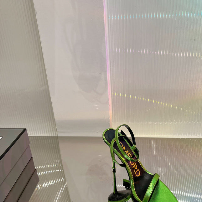 PADLOCK HIGH HEEL 10 CM SANDAL IN LIME GREEN SHEEPSKIN