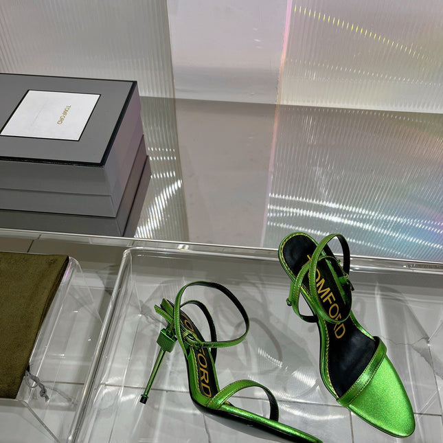 PADLOCK HIGH HEEL 10 CM SANDAL IN LIME GREEN SHEEPSKIN