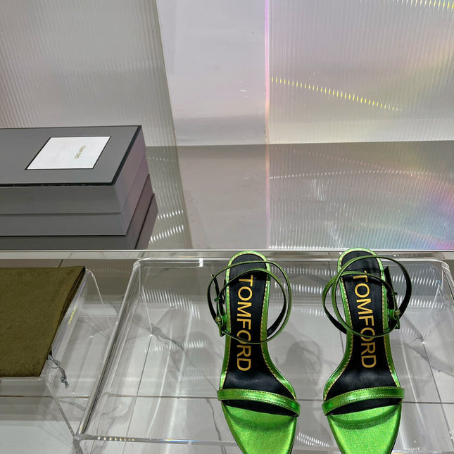 PADLOCK HIGH HEEL 10 CM SANDAL IN LIME GREEN SHEEPSKIN