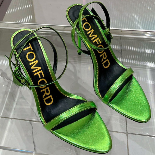 PADLOCK HIGH HEEL 10 CM SANDAL IN LIME GREEN SHEEPSKIN