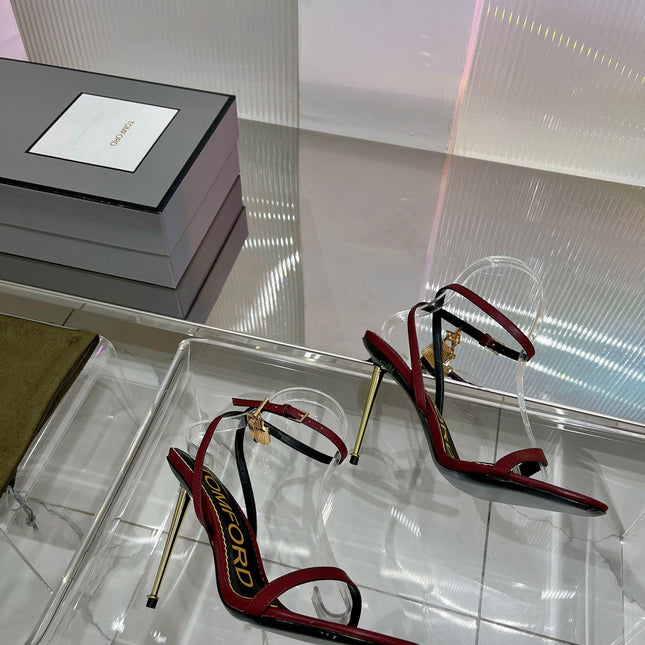 PADLOCK HIGH HEEL 10 CM SANDAL IN CURRANT RED SHEEPSKIN