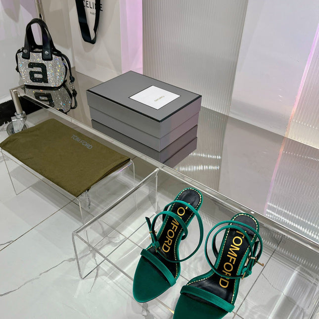 PADLOCK HIGH HEEL 10 CM SANDAL IN TEAL GREEN VELVET