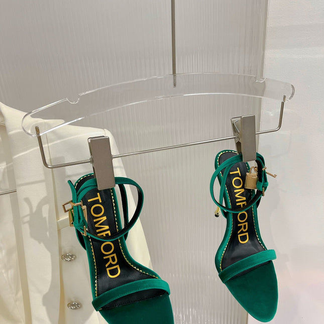 PADLOCK HIGH HEEL 10 CM SANDAL IN TEAL GREEN VELVET
