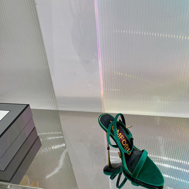 PADLOCK HIGH HEEL 10 CM SANDAL IN TEAL GREEN VELVET