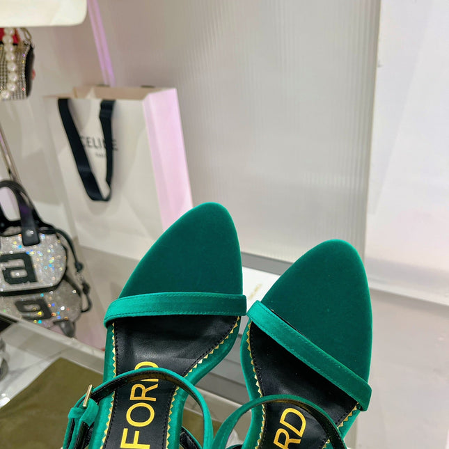 PADLOCK HIGH HEEL 10 CM SANDAL IN TEAL GREEN VELVET