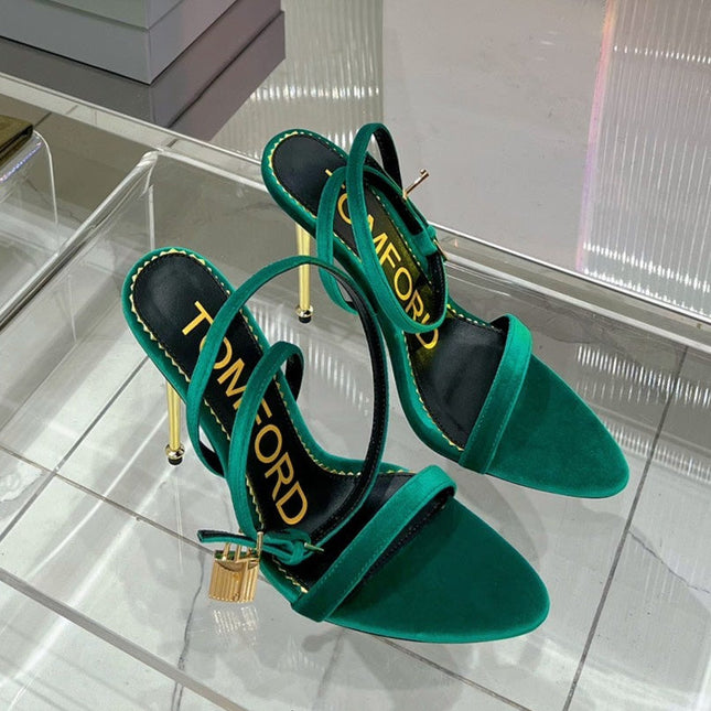 PADLOCK HIGH HEEL 10 CM SANDAL IN TEAL GREEN VELVET