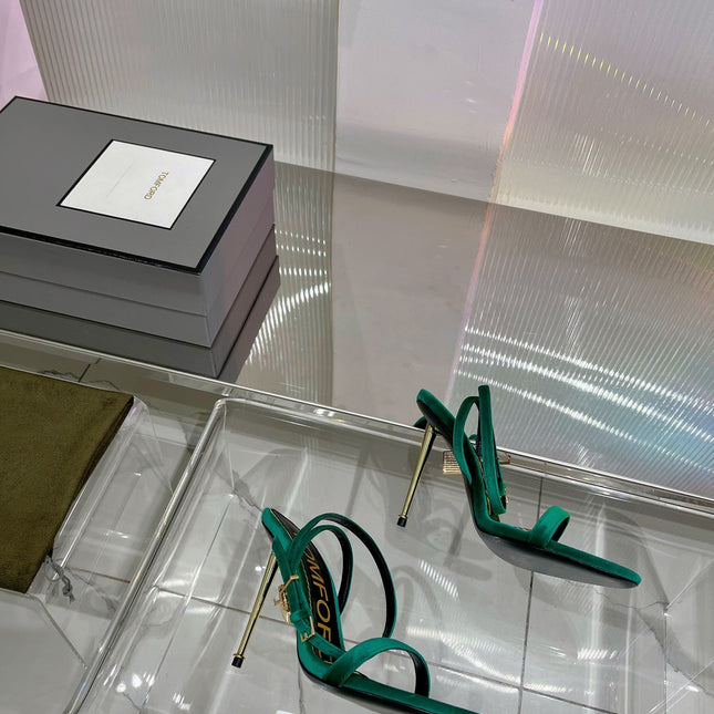 PADLOCK HIGH HEEL 10 CM SANDAL IN TEAL GREEN VELVET