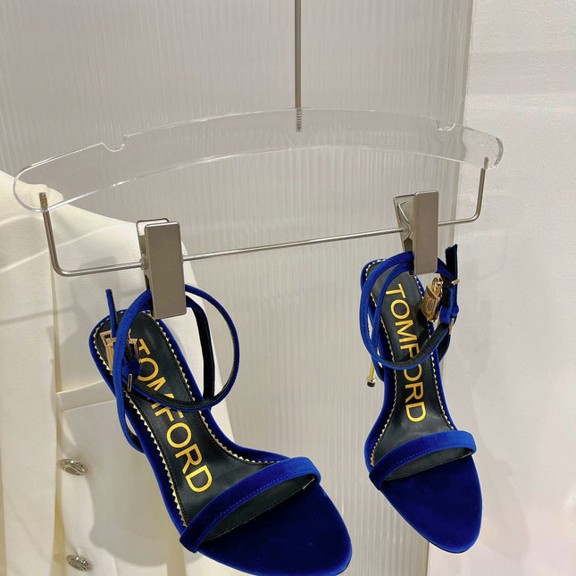PADLOCK HIGH HEEL 10 CM SANDAL IN NAVY BLUE VELVET