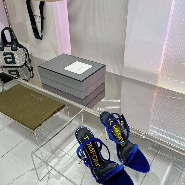 PADLOCK HIGH HEEL 10 CM SANDAL IN NAVY BLUE VELVET