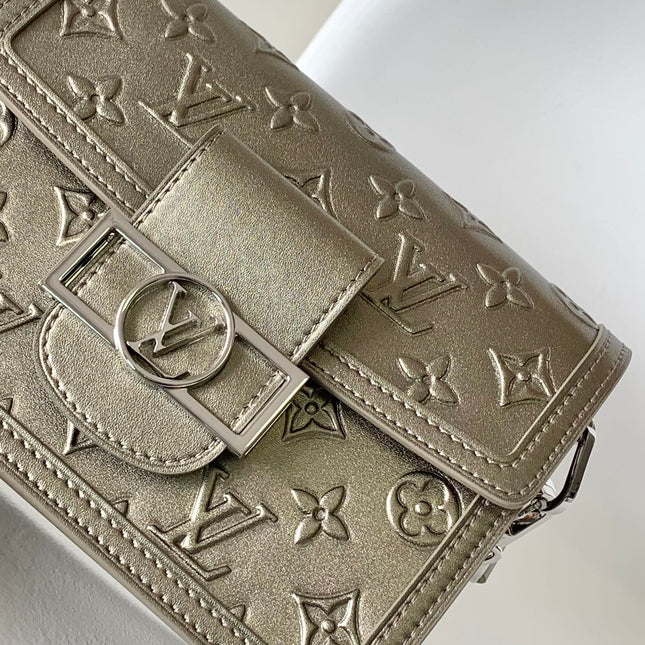 LV 25S MINI DAUPHINE BAG 20 IN BEIGE GRAY MOONOGRAM CALFSKIN SHIMMERING METALLIC GOLD