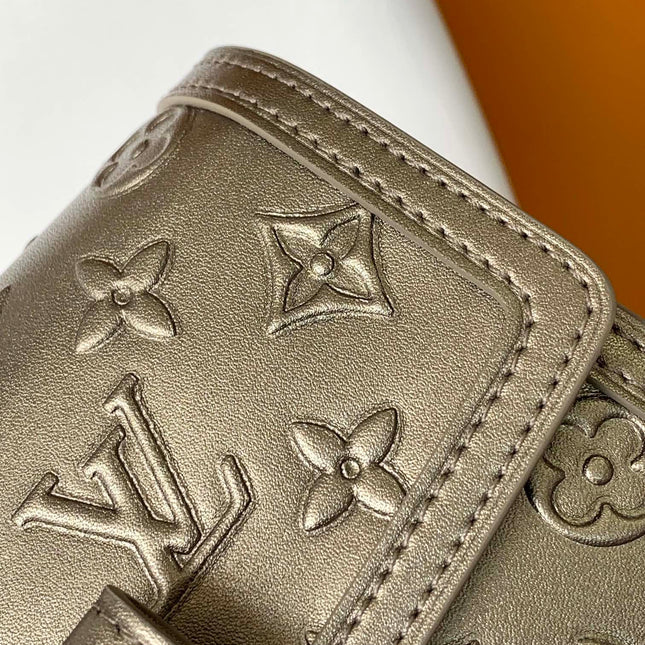 LV 25S MINI DAUPHINE BAG 20 IN BEIGE GRAY MOONOGRAM CALFSKIN SHIMMERING METALLIC GOLD