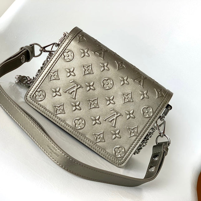 LV 25S MINI DAUPHINE BAG 20 IN BEIGE GRAY MOONOGRAM CALFSKIN SHIMMERING METALLIC GOLD