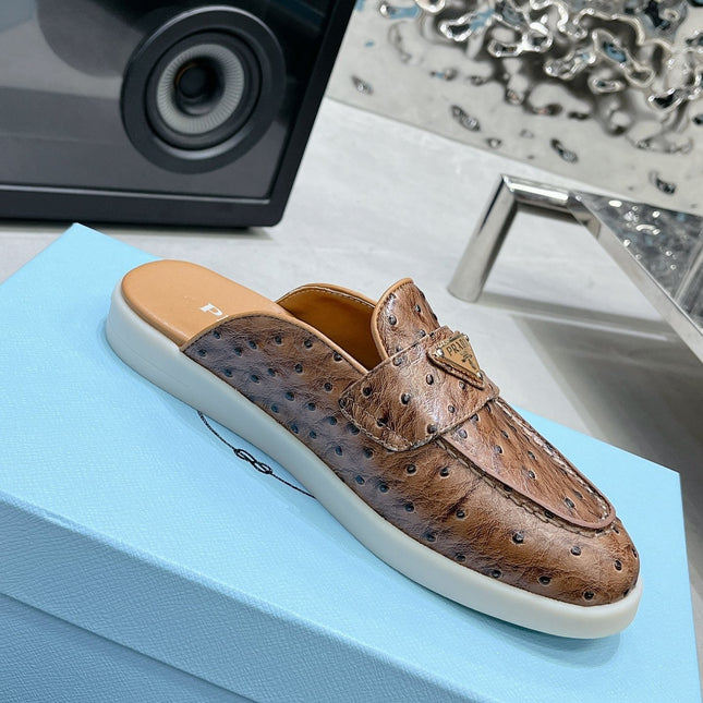 PRA OSTRICH PATTERN MULES CARAMEL CALFSKIN