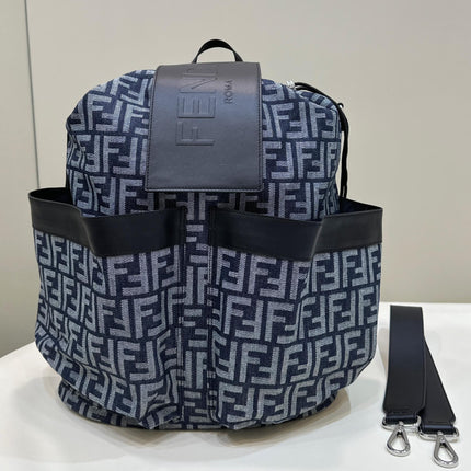 FENDI STRIKE LARGE 46 FF MIDNIGHT BLUE JACQUARD FABRIC BACKPACK