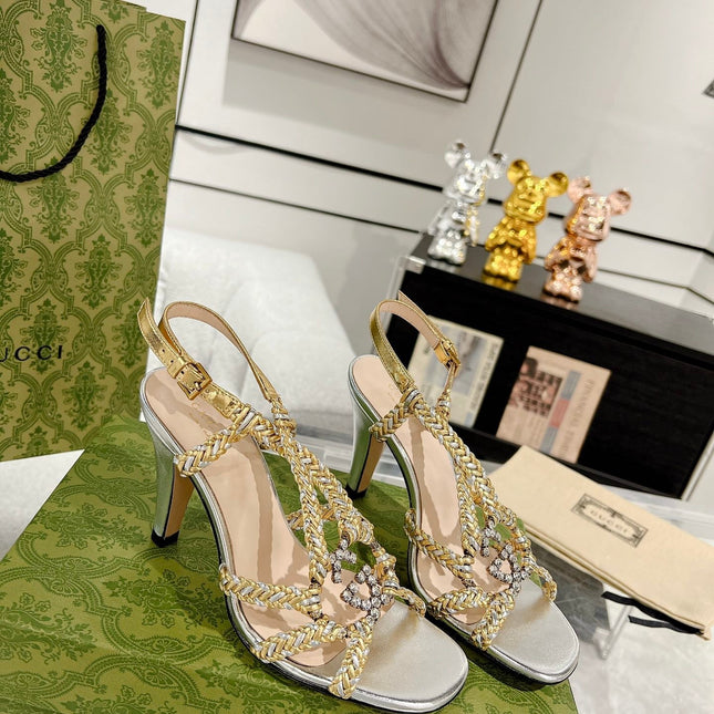 GG CRYSTAL HIGH HEEL SANDAL SLIVER CALFSKIN SPECIAL