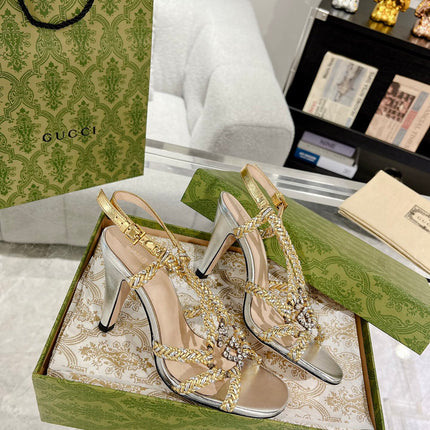 GG CRYSTAL HIGH HEEL SANDAL SLIVER CALFSKIN SPECIAL