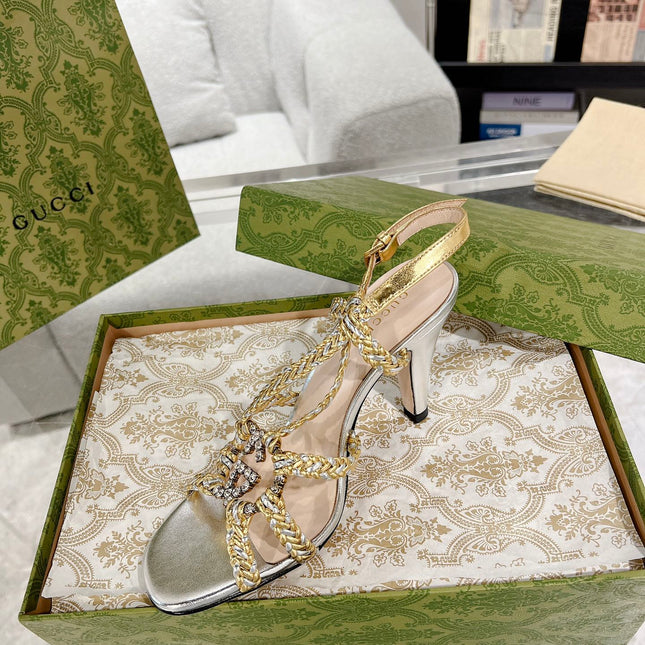 GG CRYSTAL HIGH HEEL SANDAL SLIVER CALFSKIN SPECIAL