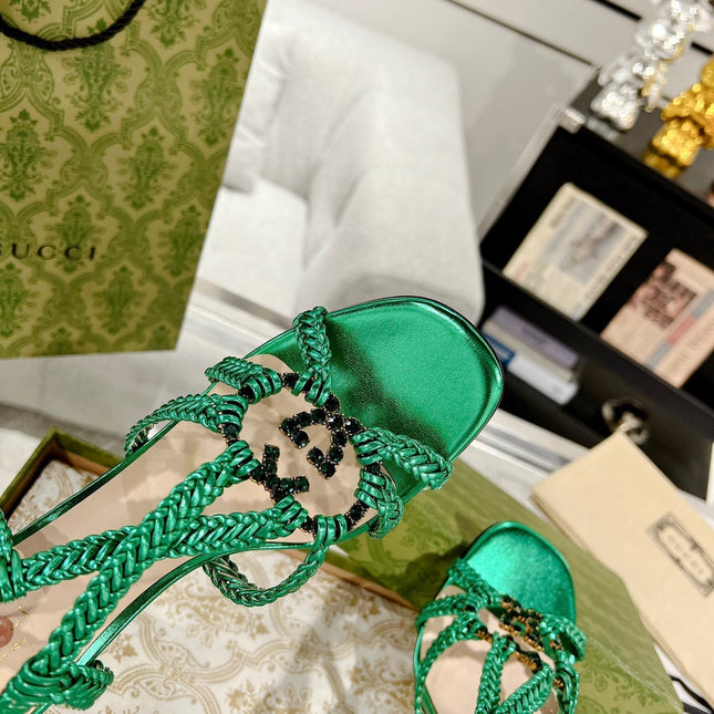 GG CRYSTAL HIGH HEEL SANDAL JADE GREEN CALFSKIN SPECIAL