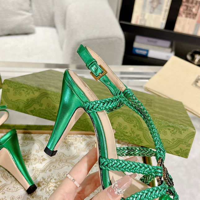 GG CRYSTAL HIGH HEEL SANDAL JADE GREEN CALFSKIN SPECIAL