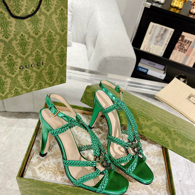GG CRYSTAL HIGH HEEL SANDAL JADE GREEN CALFSKIN SPECIAL