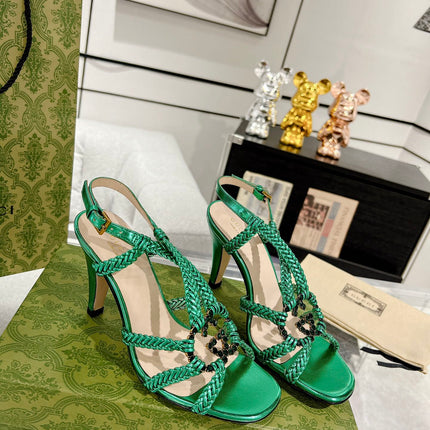 GG CRYSTAL HIGH HEEL SANDAL JADE GREEN CALFSKIN SPECIAL