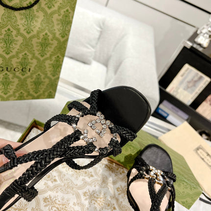 GG CRYSTAL HIGH HEEL SANDAL BLACK CALFSKIN SPECIAL