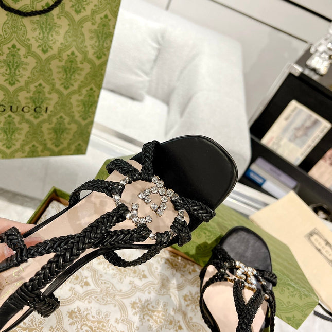 GG CRYSTAL HIGH HEEL SANDAL BLACK CALFSKIN SPECIAL