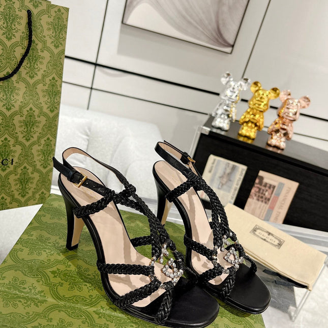 GG CRYSTAL HIGH HEEL SANDAL BLACK CALFSKIN SPECIAL