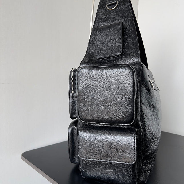 SUPERBUSY LARGE SLING BAG 42 IN BLACK LAMBSKIN