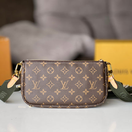 LV 25S MULTI POCHETTE ACCESSOIRES 25 IN BROWN MONOGRAM COATED CANVAS GREEN STRAP