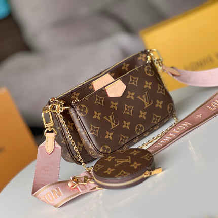 LV 25S MULTI POCHETTE ACCESSOIRES 25 IN BROWN MONOGRAM COATED CANVAS PINK STRAP