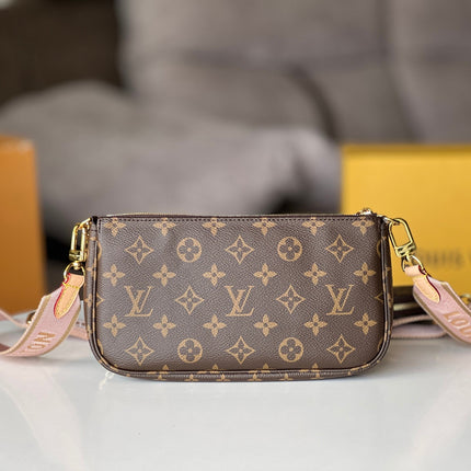 LV 25S MULTI POCHETTE ACCESSOIRES 25 IN BROWN MONOGRAM COATED CANVAS PINK STRAP