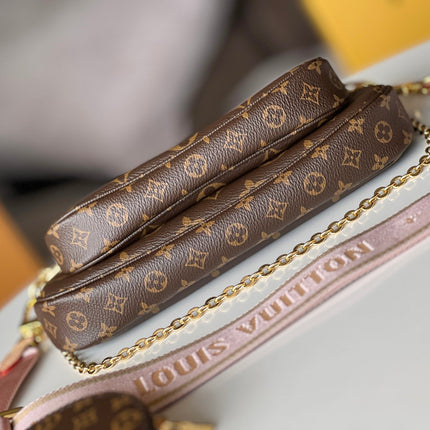 LV 25S MULTI POCHETTE ACCESSOIRES 25 IN BROWN MONOGRAM COATED CANVAS PINK STRAP