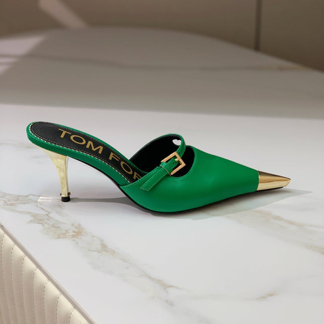 HIGH PUMP MULE 7 CM IN EMERALD GREEN CALFSKIN