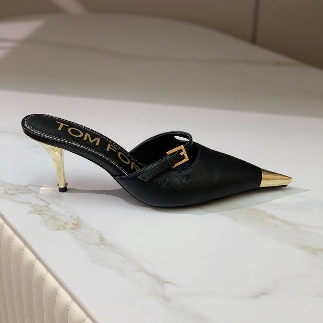 HIGH PUMP MULE 7 CM IN BLACK CALFSKIN