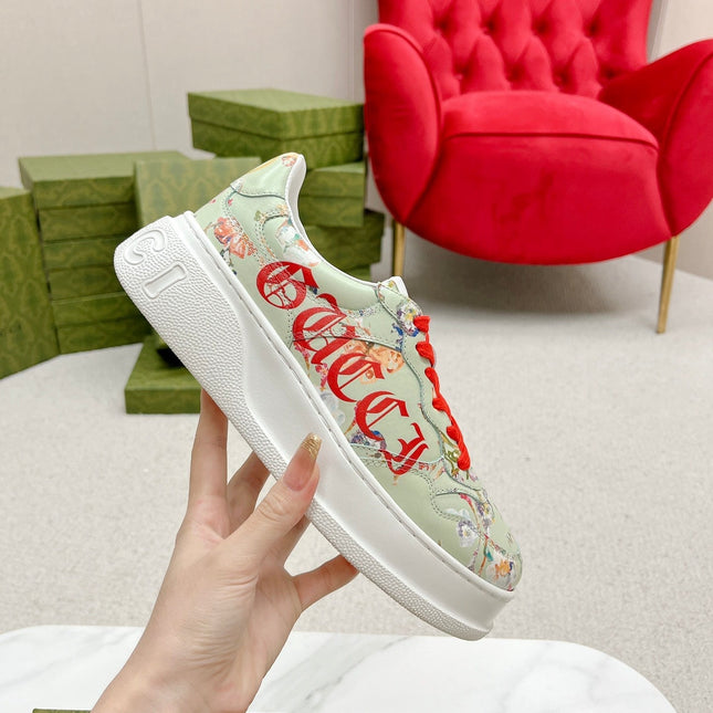 GG TRAINER SAGE CALFSKIN WITH FLOWERS PATTERN