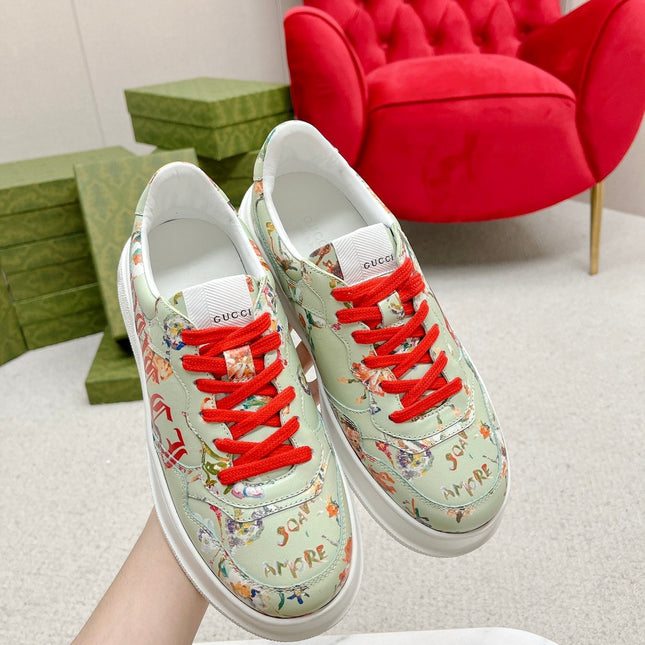 GG TRAINER SAGE CALFSKIN WITH FLOWERS PATTERN