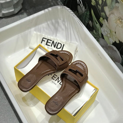 FENDI BAGUETTE SLIDES IN COFFEE BROWN LAMBSKIN