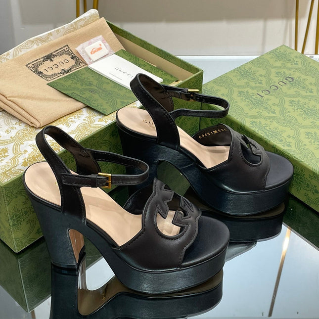 GG 120 INTERLOCKING G SANDAL BLACK CALFSKIN