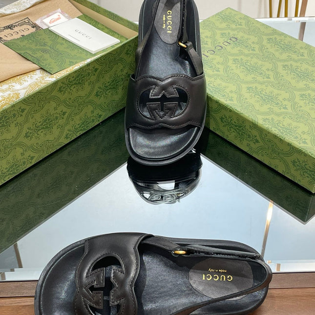 GG INTERLOCKING G CUT OUT SANDAL BLACK LAMBSKIN