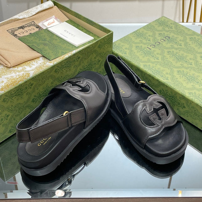 GG INTERLOCKING G CUT OUT SANDAL BLACK LAMBSKIN
