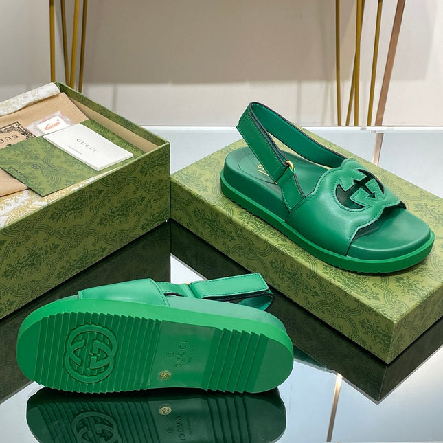 GG INTERLOCKING G CUT OUT SANDAL JADE GREEN LAMBSKIN