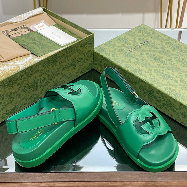 GG INTERLOCKING G CUT OUT SANDAL JADE GREEN LAMBSKIN
