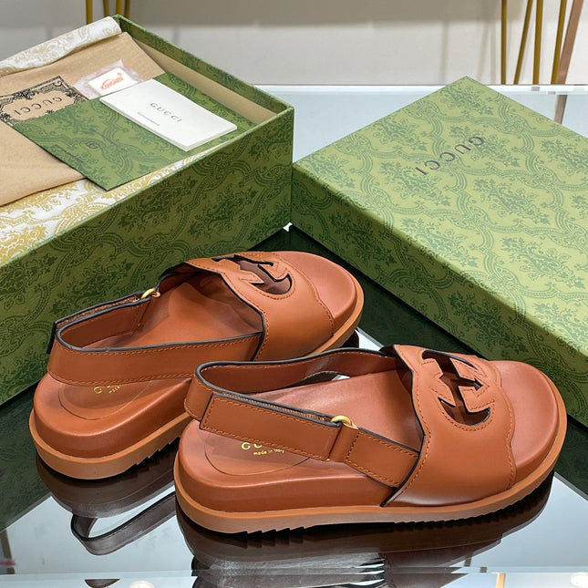 GG INTERLOCKING G CUT OUT SANDAL CARAMEL LAMBSKIN